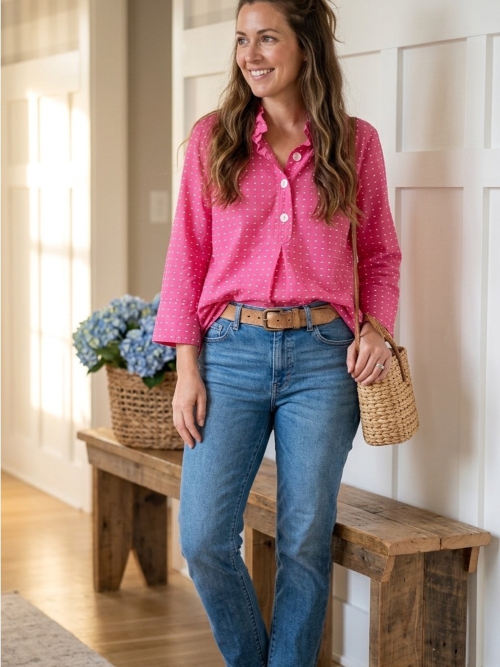 Appleseed's Pink Polka Dot Button-Up Blouse Large